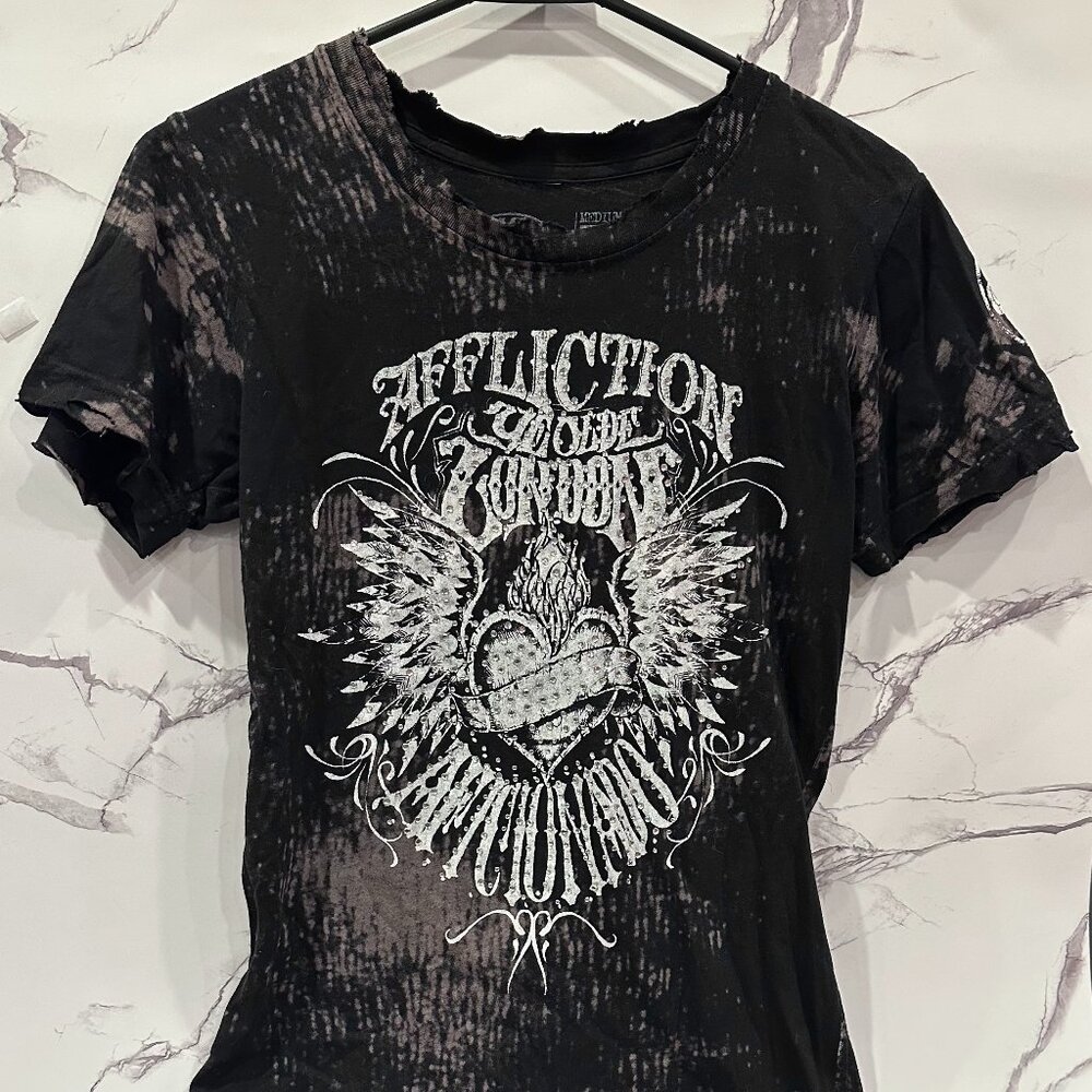Affliction "Watson"  Ye Olde London Black Women's T-Shirt, Size Medium
